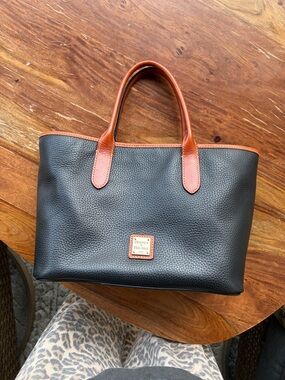 Dooney & Bourke Black Pebbled Leather Tote with Brown Trim